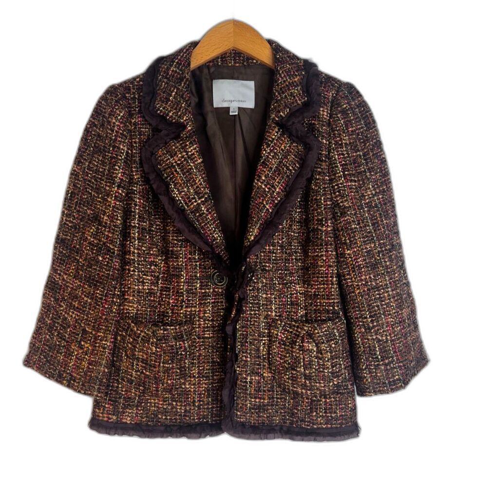 Classiques Entier Brown Tweed Wool Blend Ruffled Trim Front Clasp Blazer Small